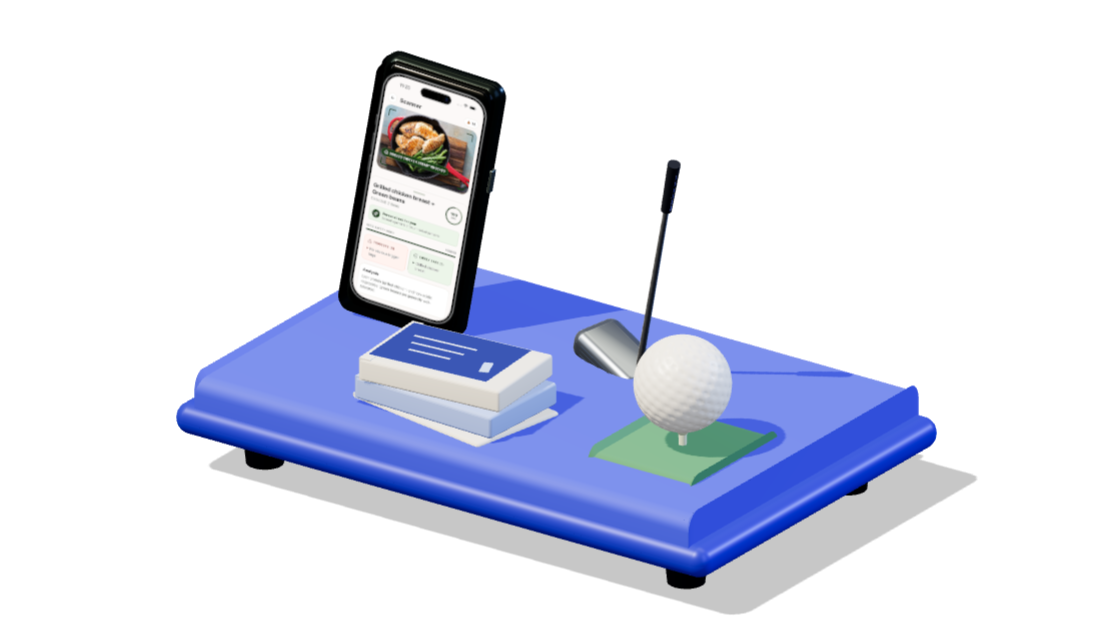 A blue 3D workbench holding a GERDBuddy phone, a golf club, a golf ball, and a stack of books.
